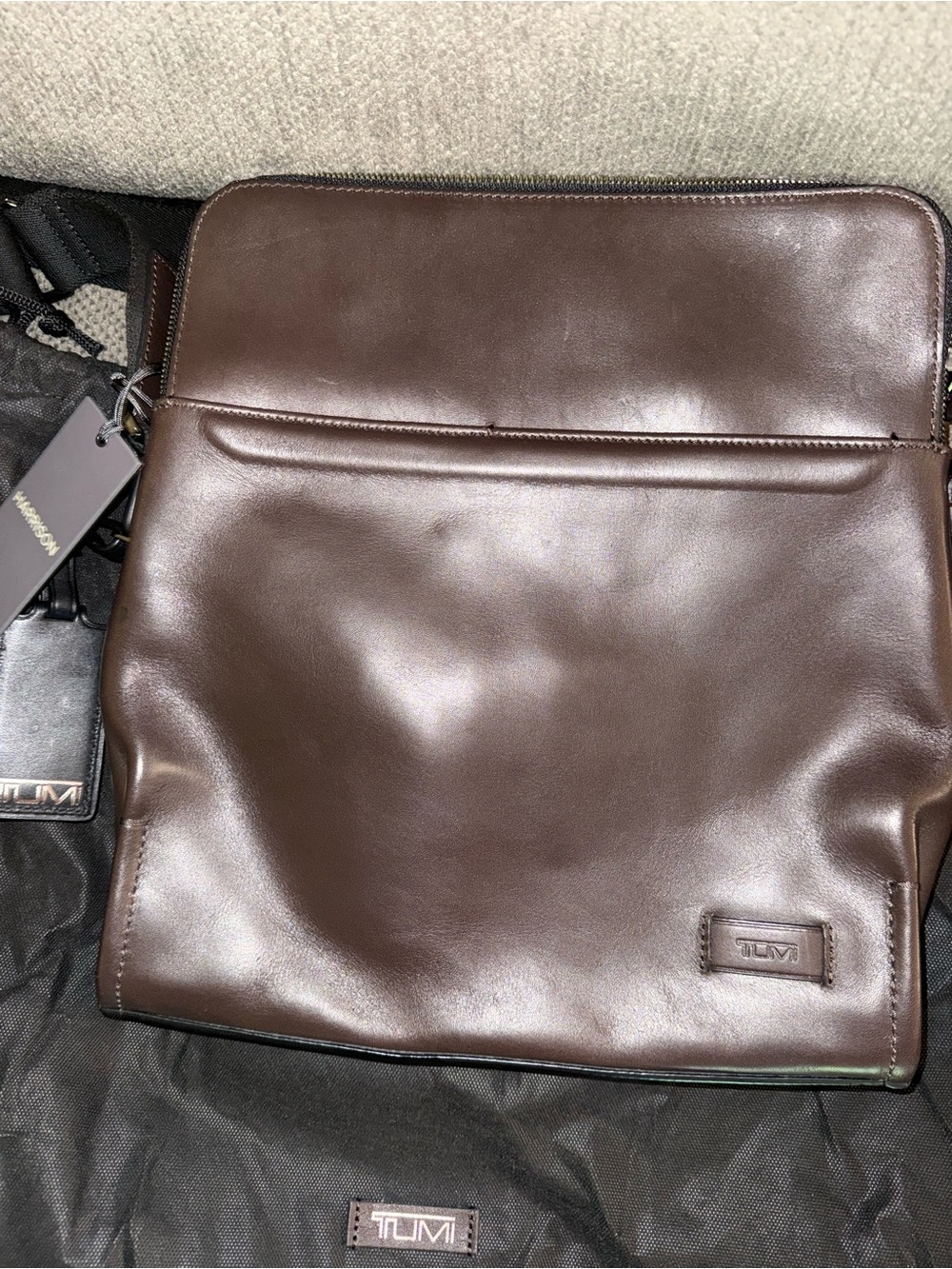 Tumi Dark Brown Leather Messenger Bag with Black Strap
